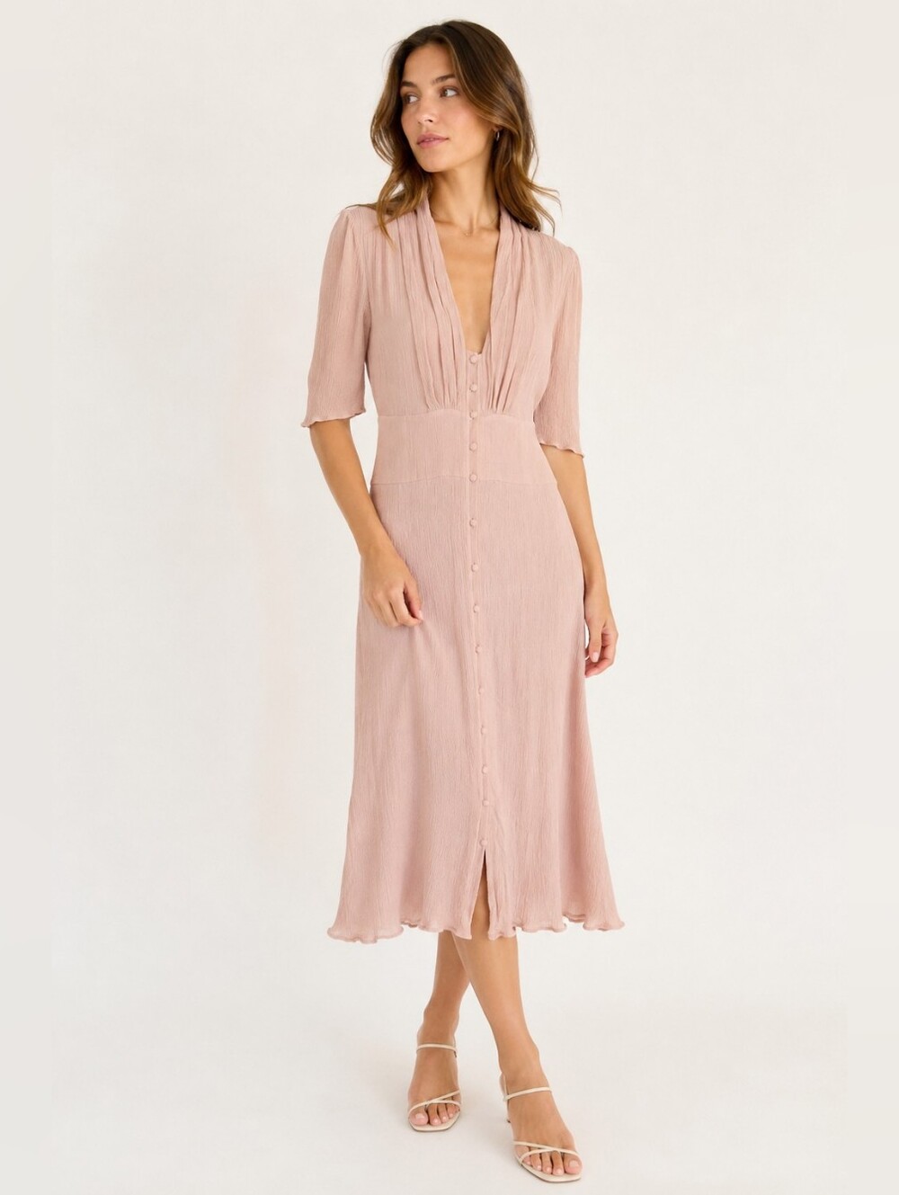 ba&sh Nude Pink Crinkle Button Front Midi Dress Size 2 (US 8) Viscose